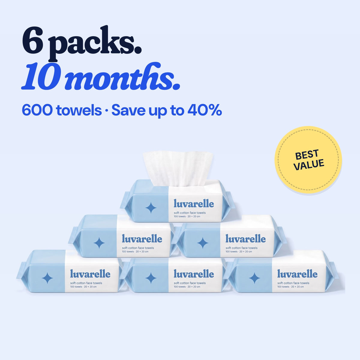 6 packs. 10 months. 600 towels, save up to 40%. Best value.
