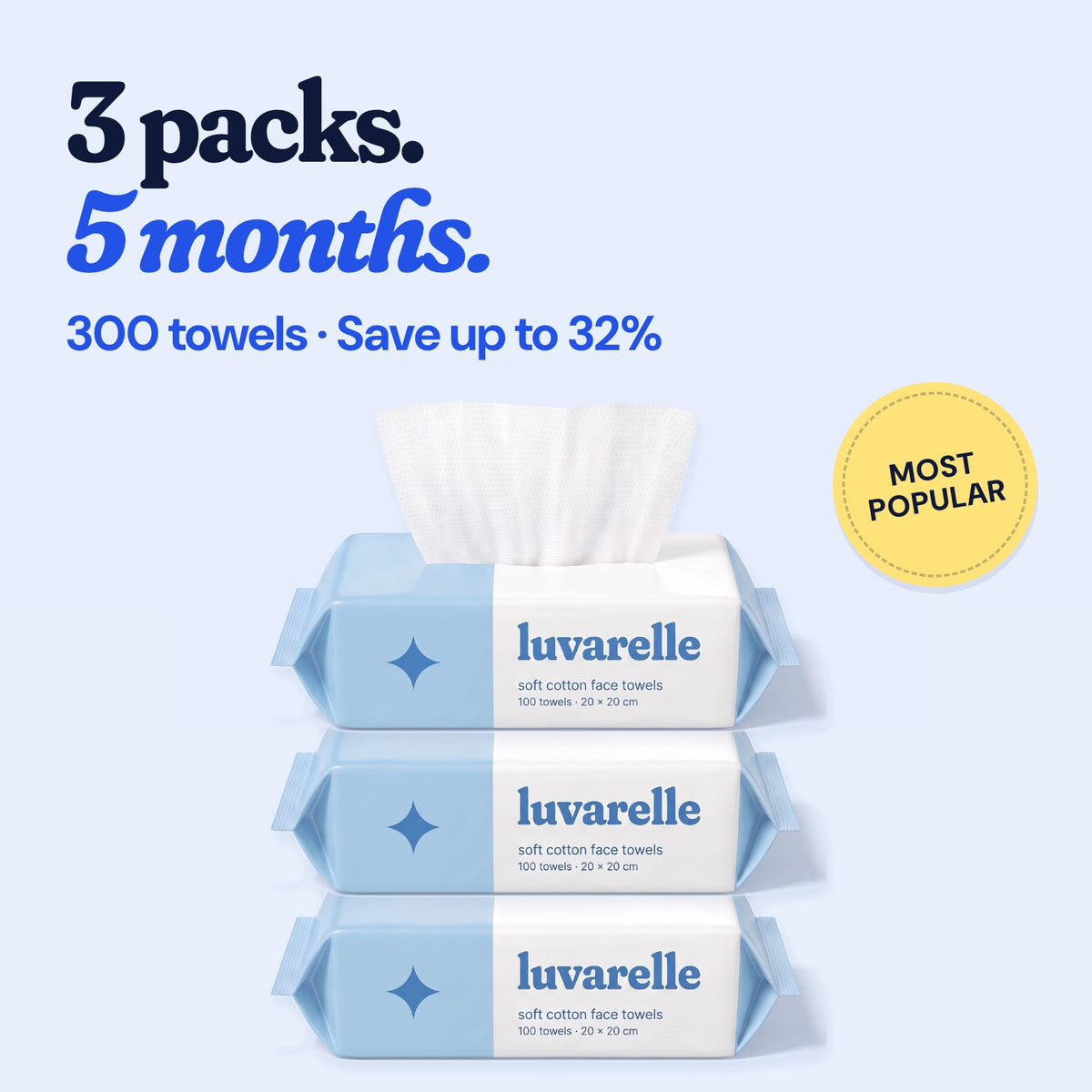3 packs. 5 months. 300 towels, save up to 32%. Most popular.