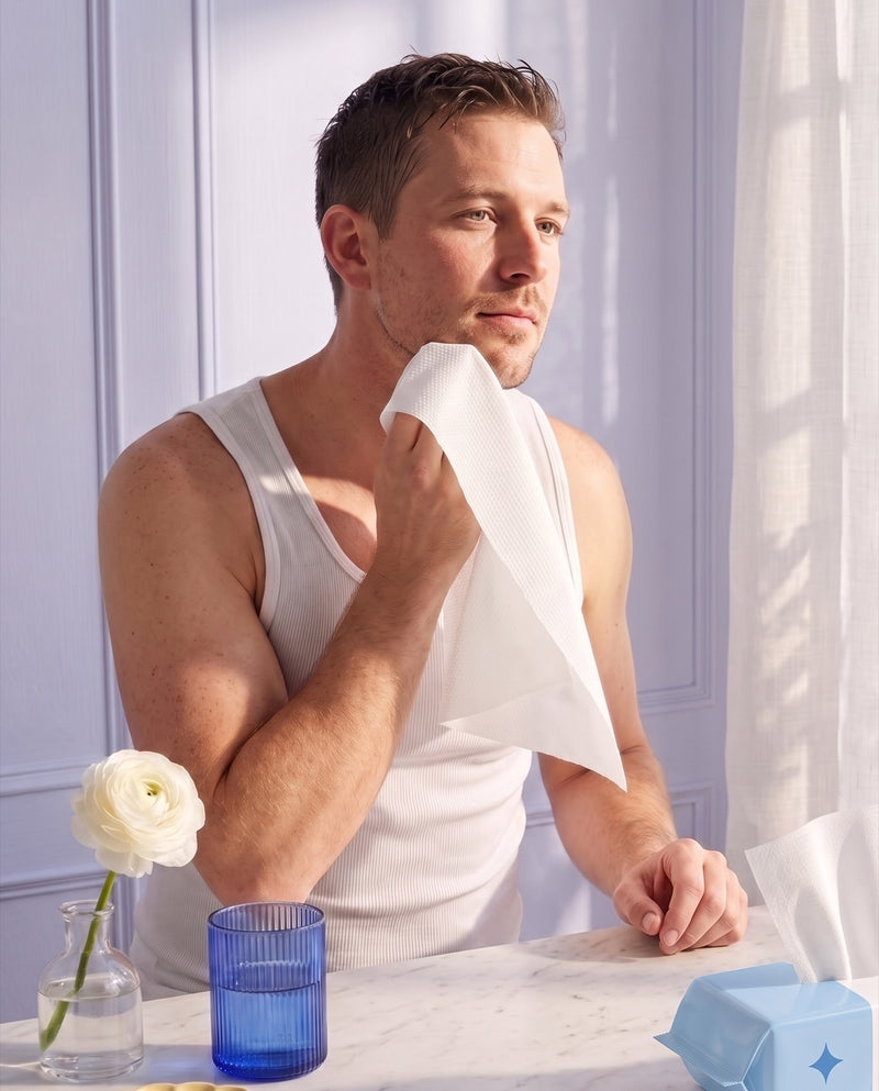 Man patting his jaw dry after shaving, luvarelle pack on the vanity