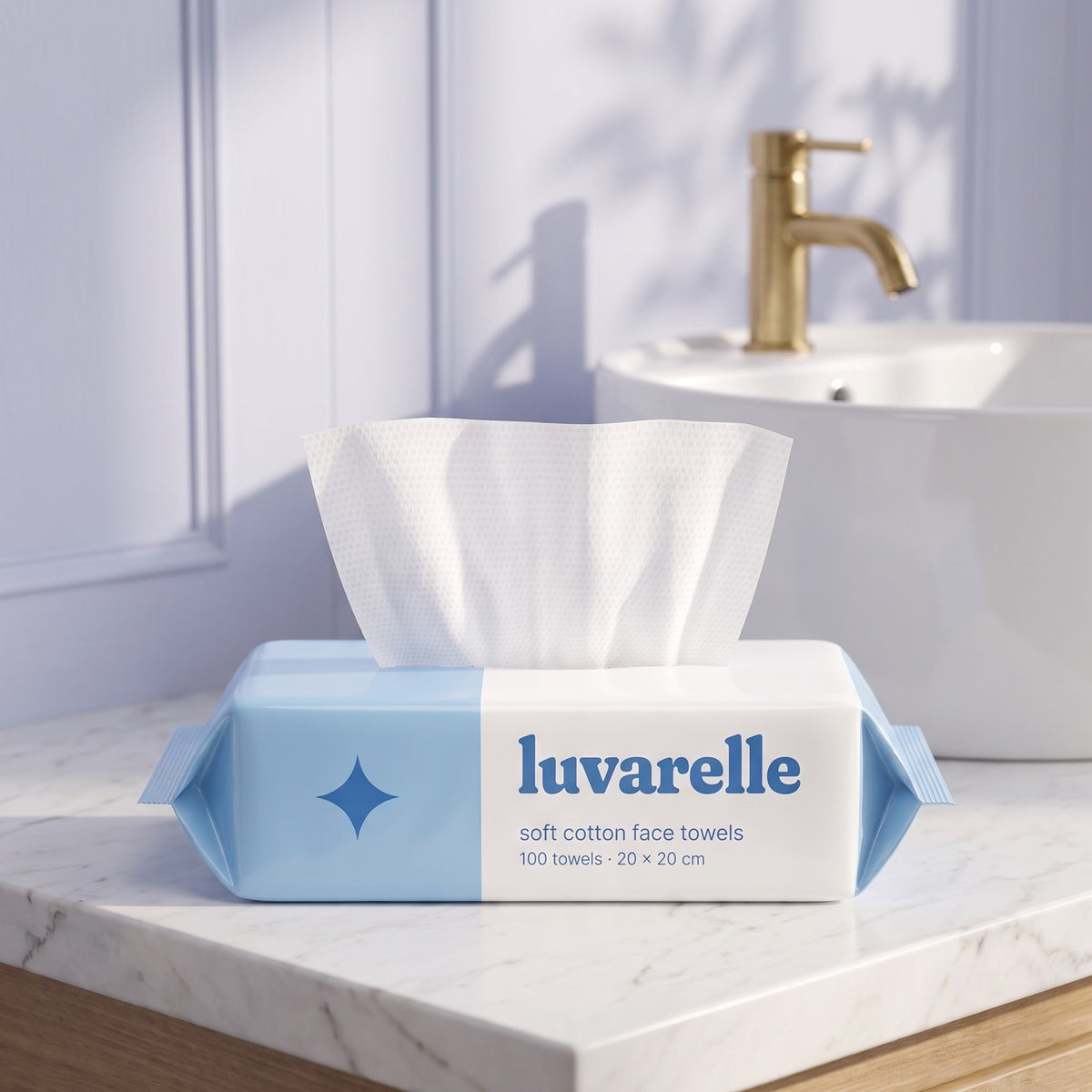 luvarelle Clean Face Towels on a bathroom vanity